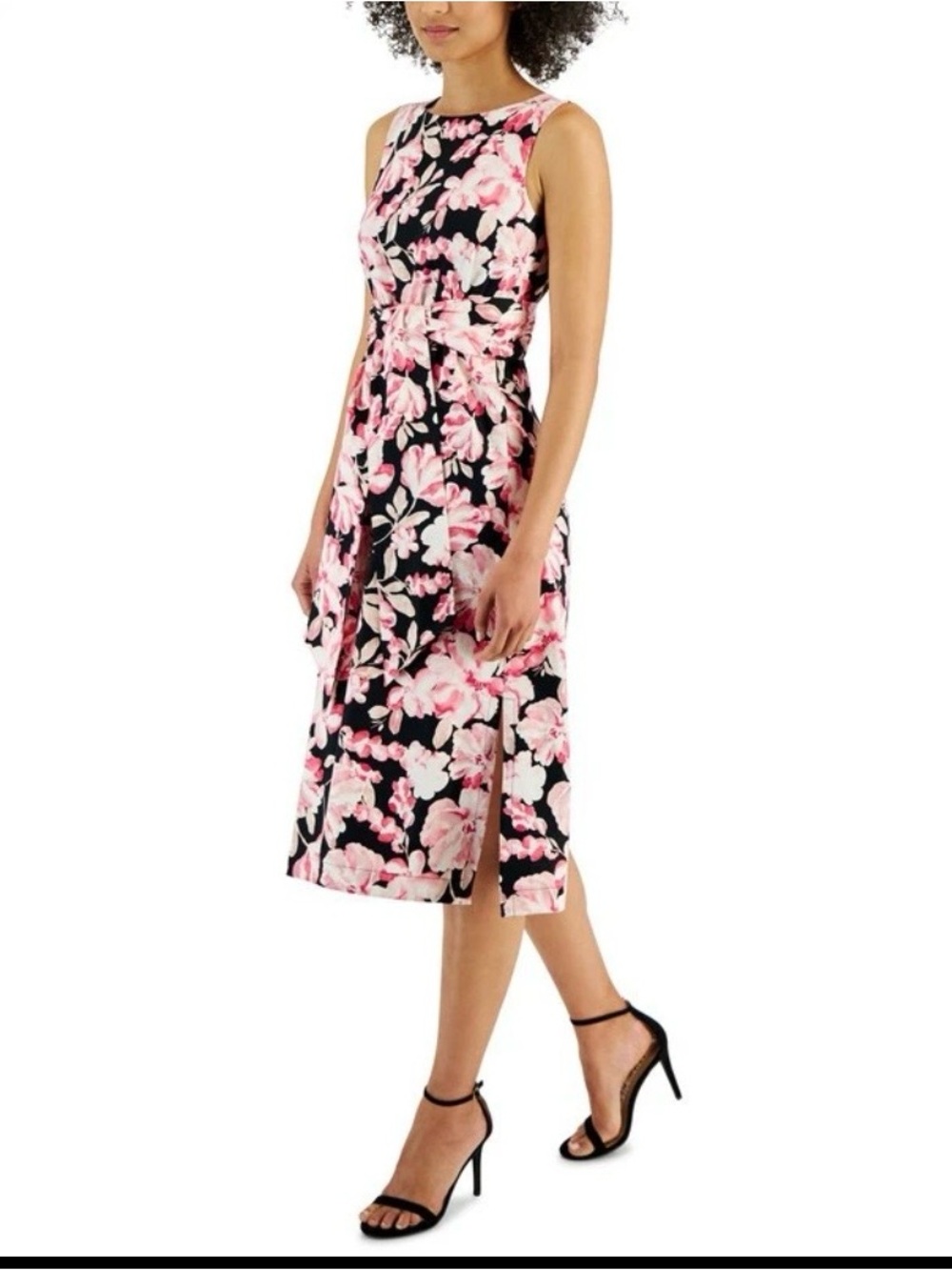 Anne Klein Camellia Pink/Anne Black Floral Midi Dress, NWT, Sz. S